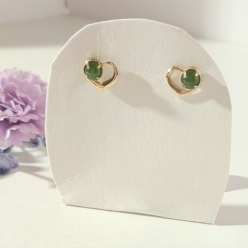 Vintage Gold Plated Jade Stone Heart Stud Earrings